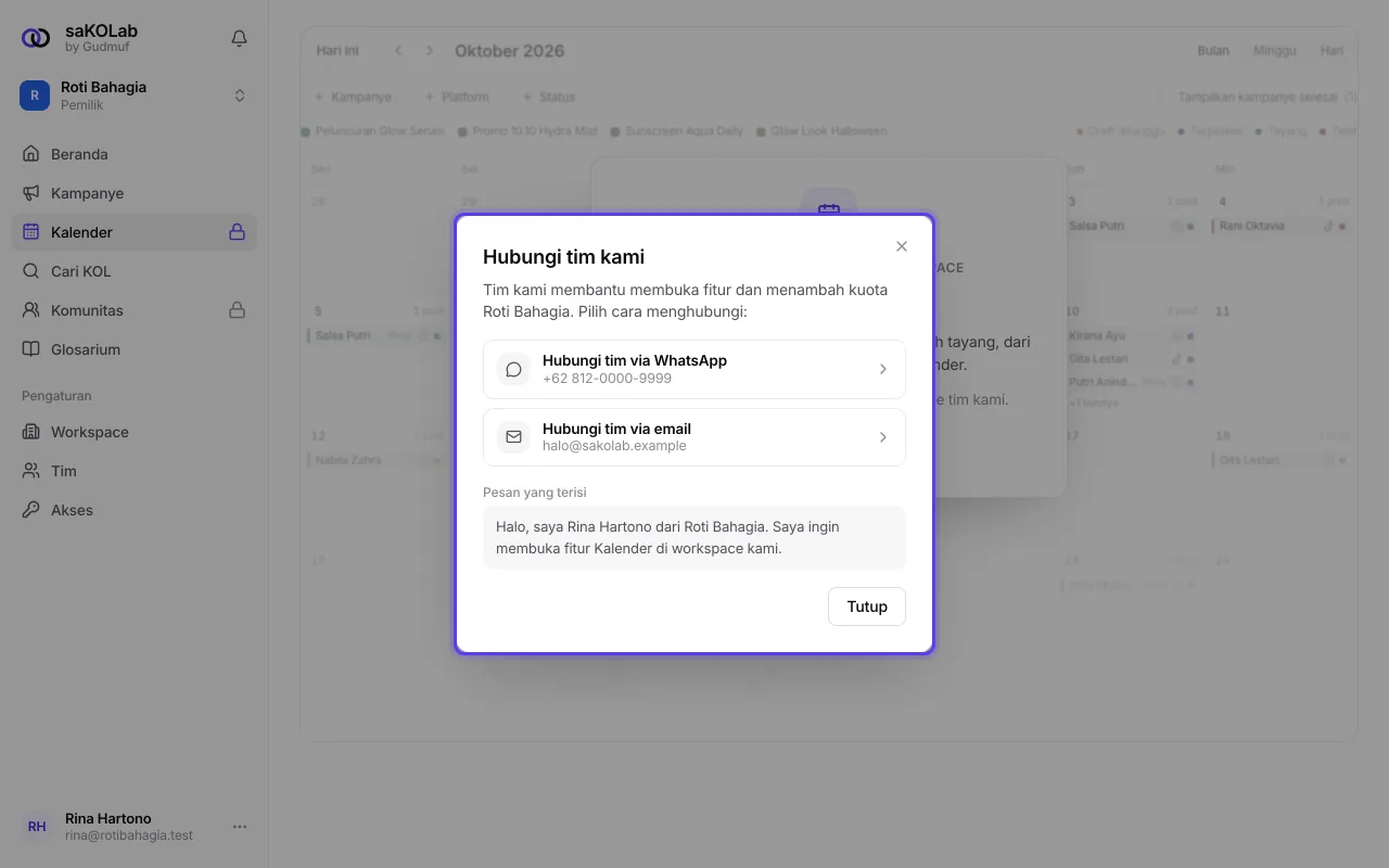 Dialog fitur terkunci dan dialog Hubungi tim kami