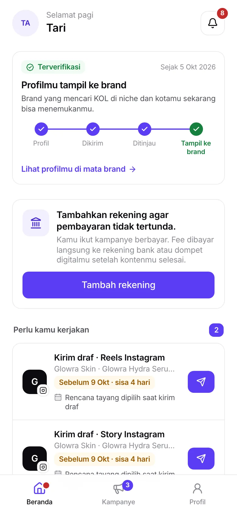 Beranda app KOL untuk profil yang sudah terverifikasi