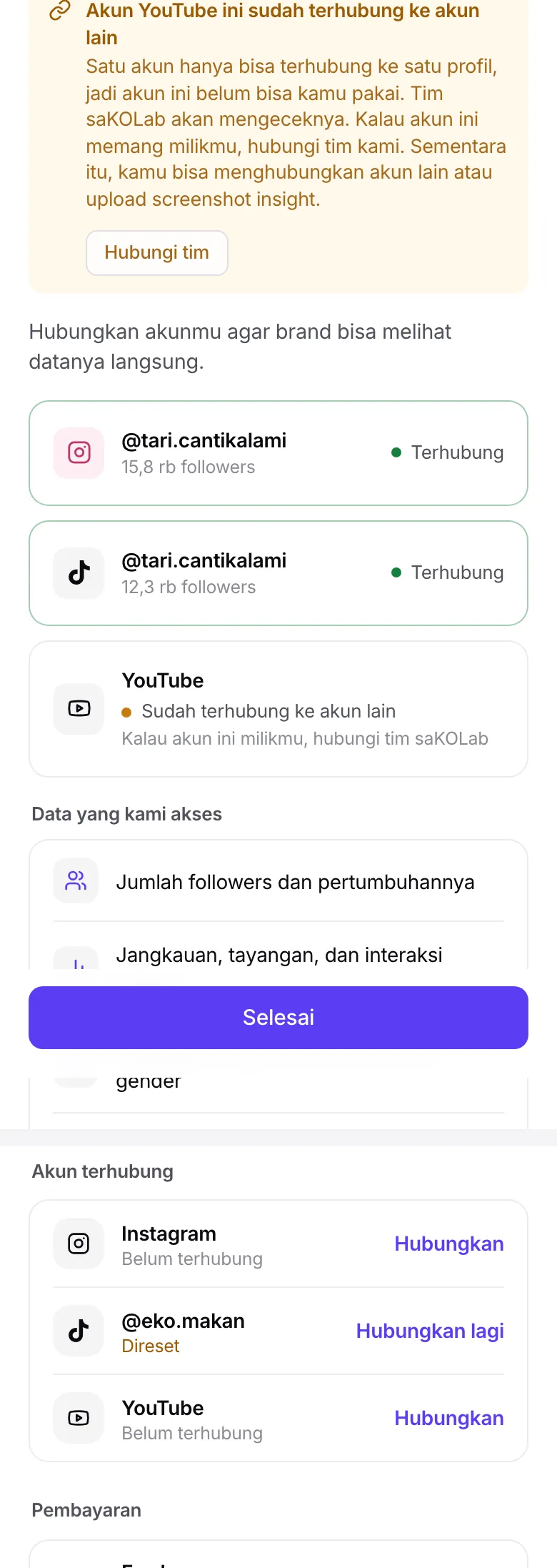 Daftar akun terhubung dengan statusnya