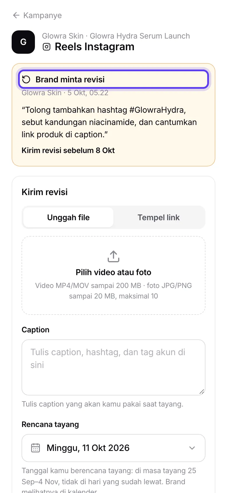 Halaman tugas dengan status tugas