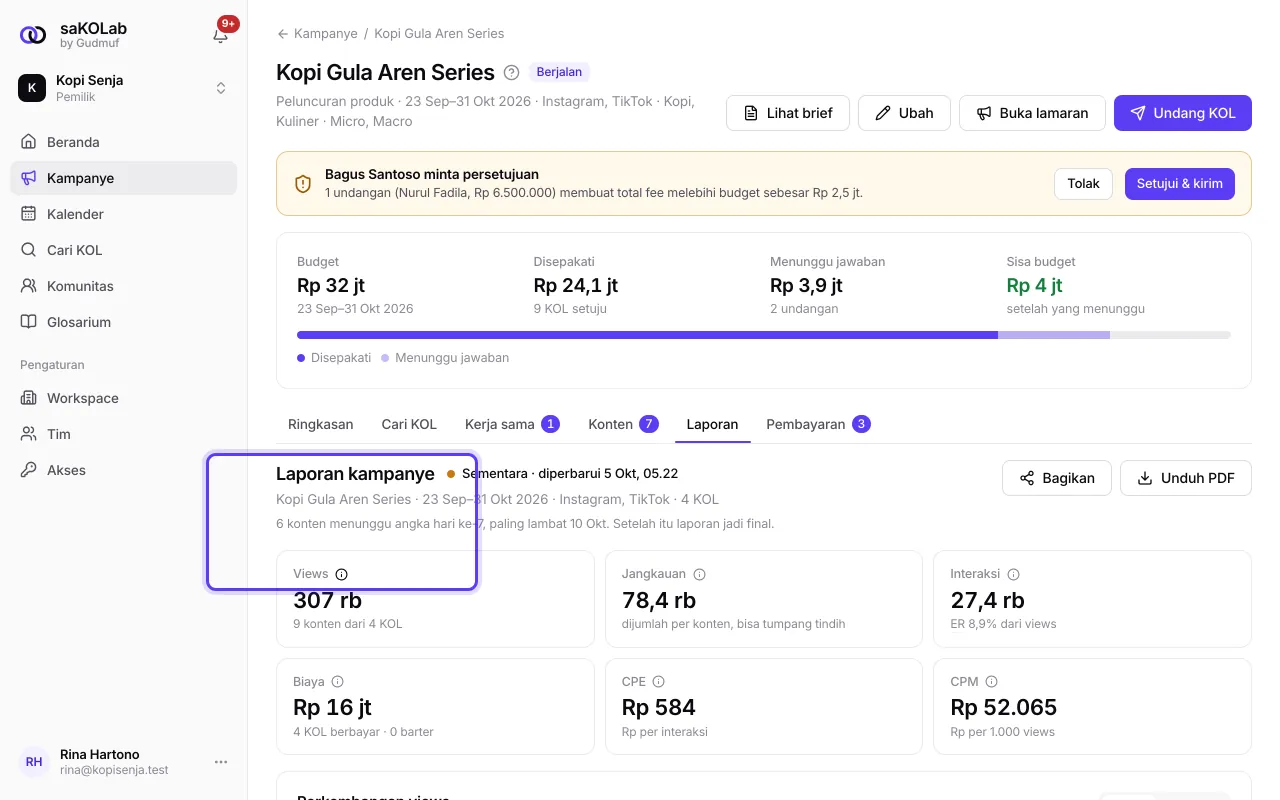 Kartu angka utama laporan dengan ikon info