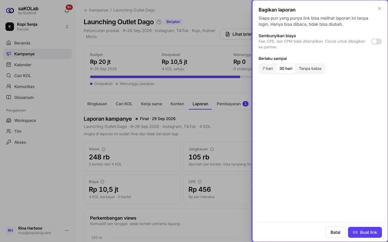 Lembar Bagikan laporan sebelum link dibuat