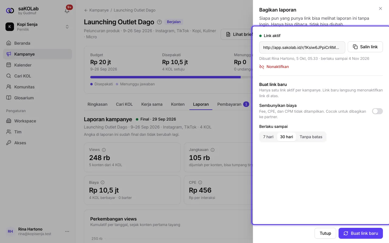 Lembar Bagikan laporan dengan link aktif