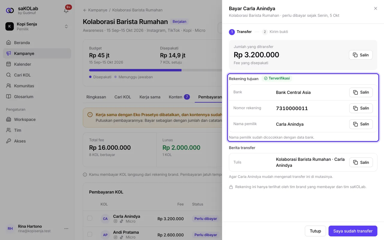 Dialog Bayar langkah Transfer dengan rekening tujuan