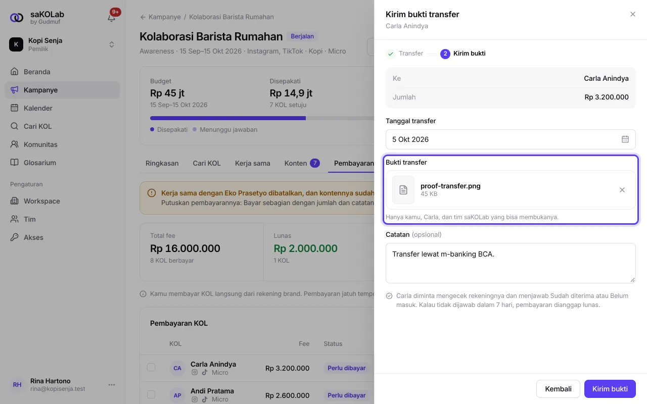 Dialog Kirim bukti transfer dengan tanggal, file, dan catatan