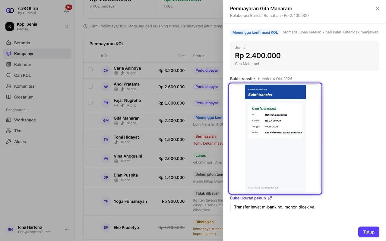 Detail pembayaran dengan bukti transfer