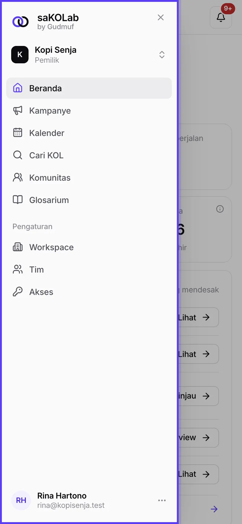 Beranda di HP dengan menu terbuka