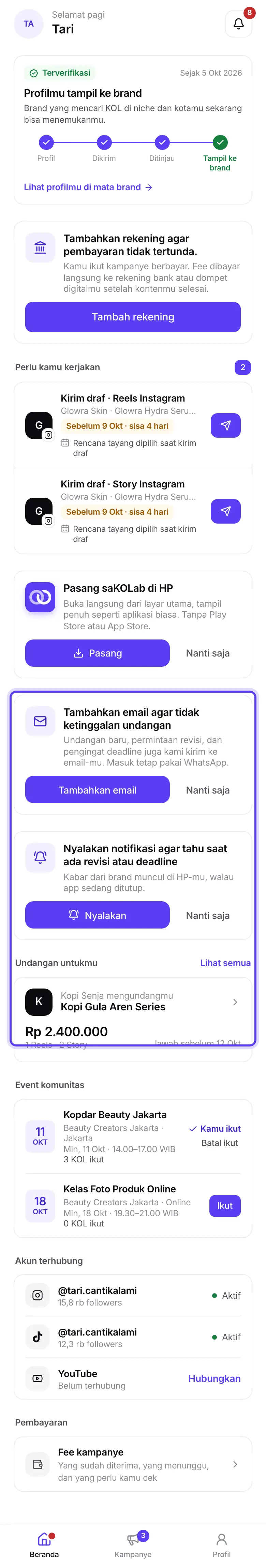 Kartu Pasang app, Tambahkan email, dan Nyalakan notifikasi di Beranda