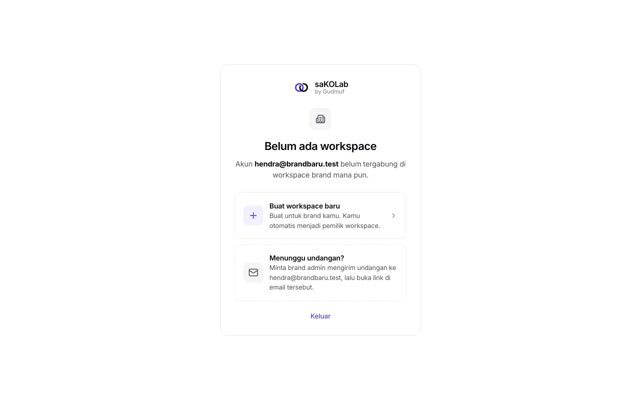 Layar Belum ada workspace