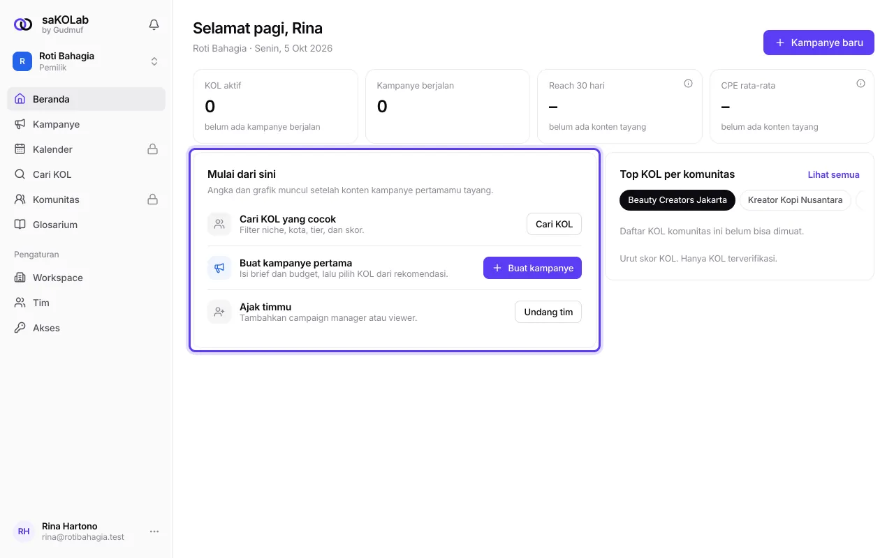 Beranda kosong dengan kartu Mulai dari sini