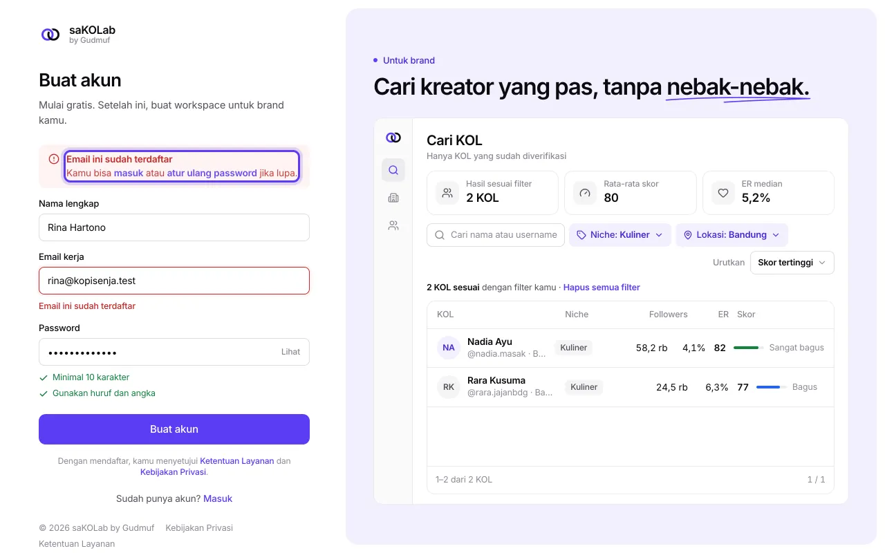 Form Buat akun terisi, dengan pesan Email ini sudah terdaftar