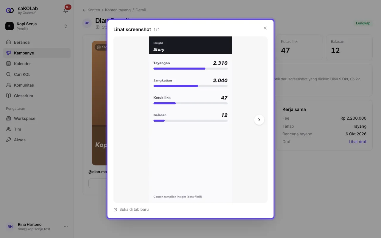 Penampil screenshot insight dari KOL