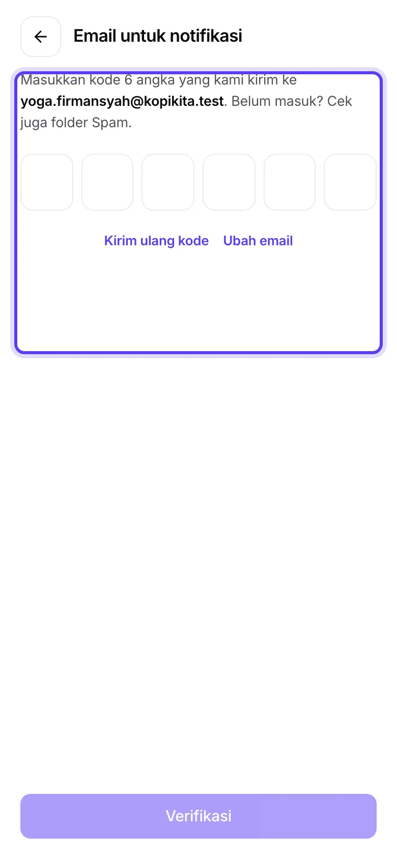 Layar menunggu kode verifikasi