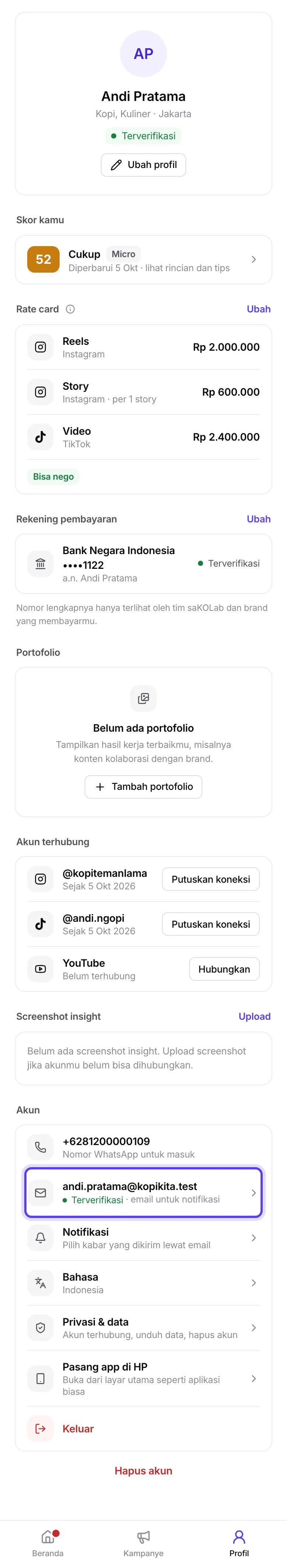 Layar email yang sudah terverifikasi