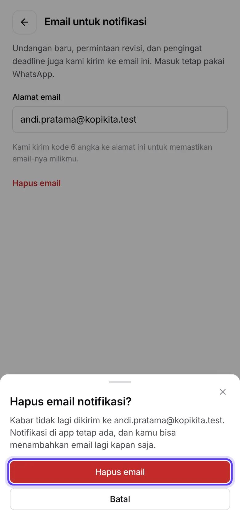 Dialog Hapus email notifikasi?