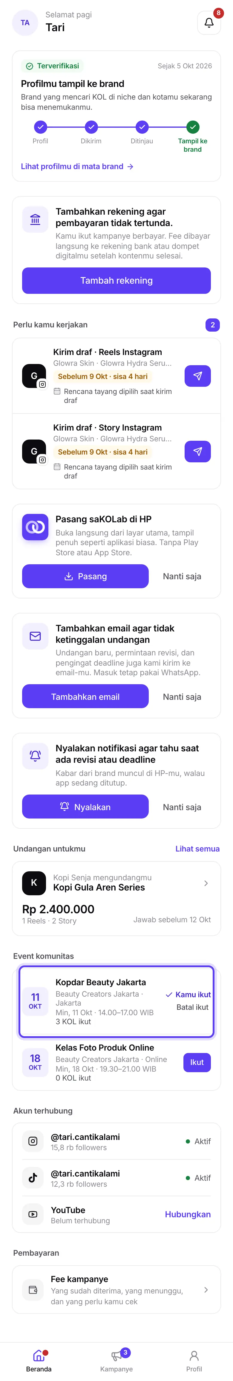 Blok Event komunitas di Beranda KOL