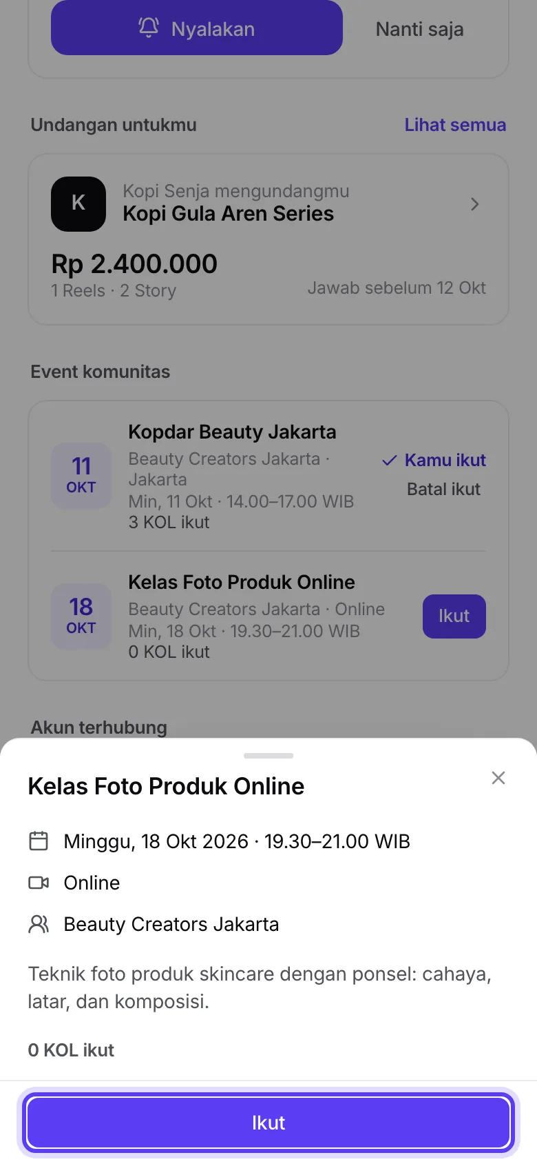 Lembar detail event dengan tombol Ikut