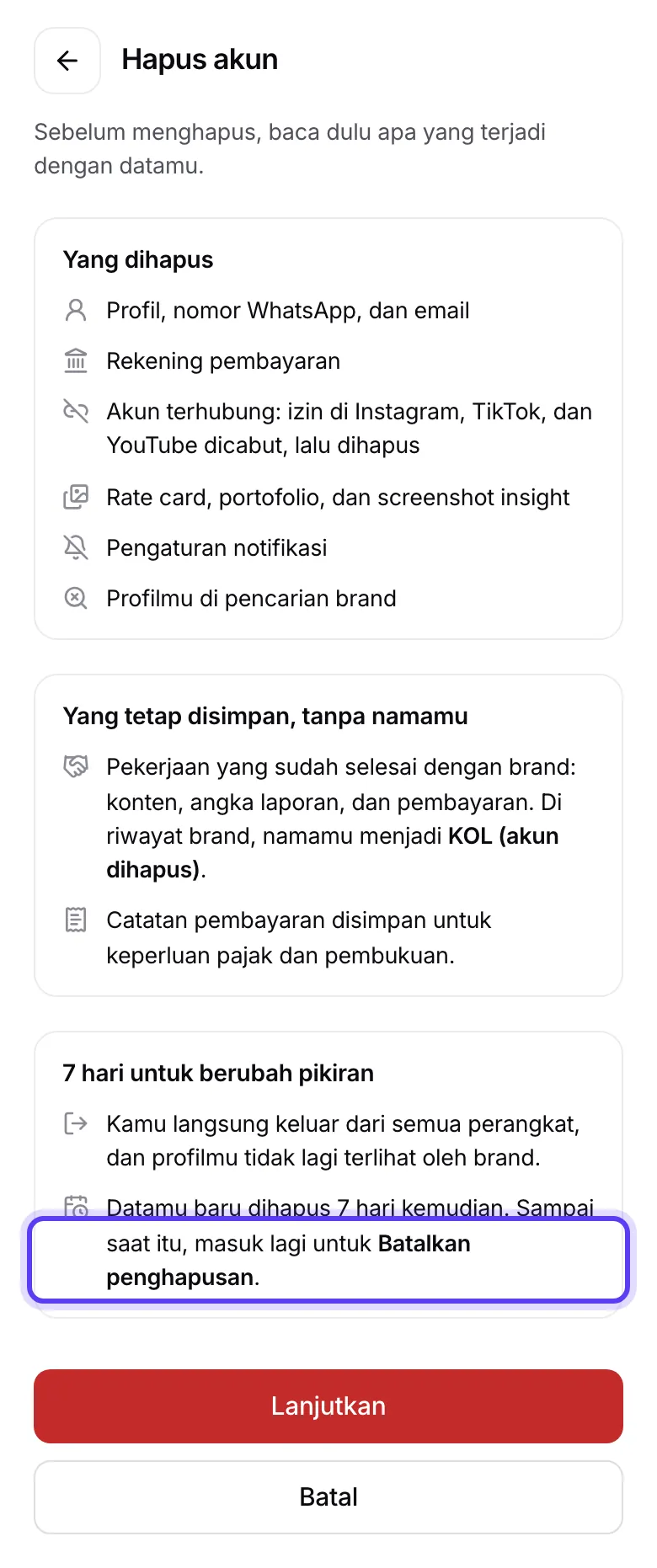 Layar Hapus akun dengan daftar dampak