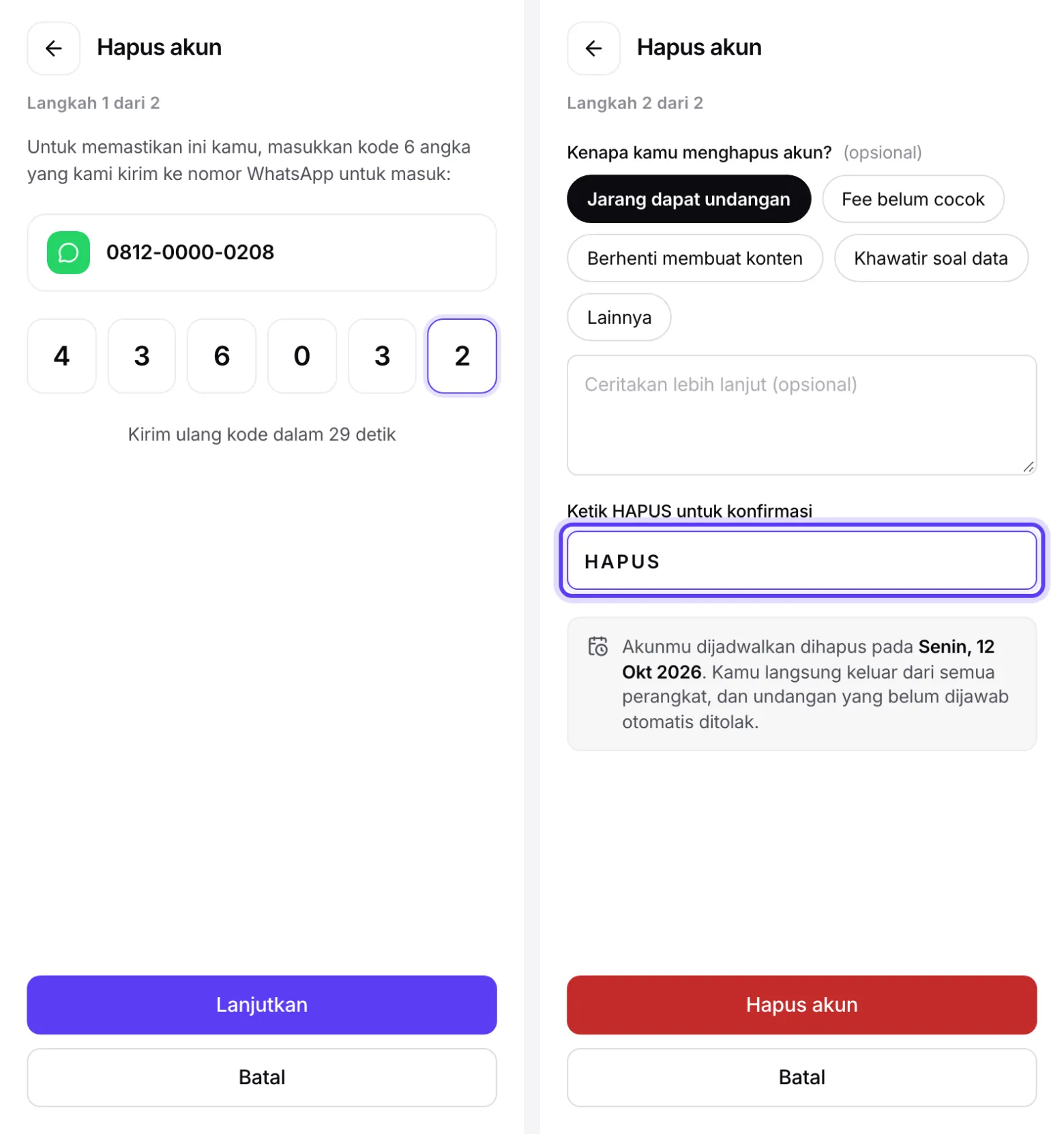 Layar kode dan konfirmasi hapus akun