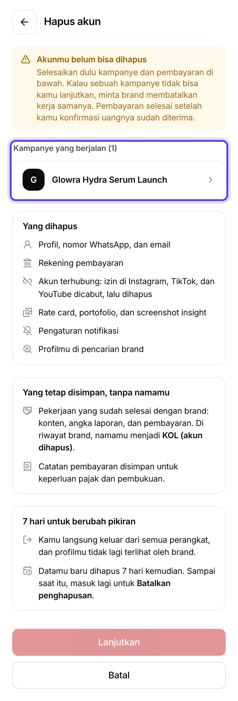 Layar Akunmu belum bisa dihapus dengan daftar kampanye dan pembayaran