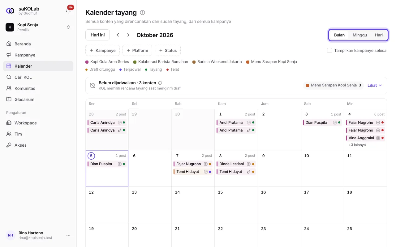 Kalender tampilan Bulan dengan beberapa kampanye
