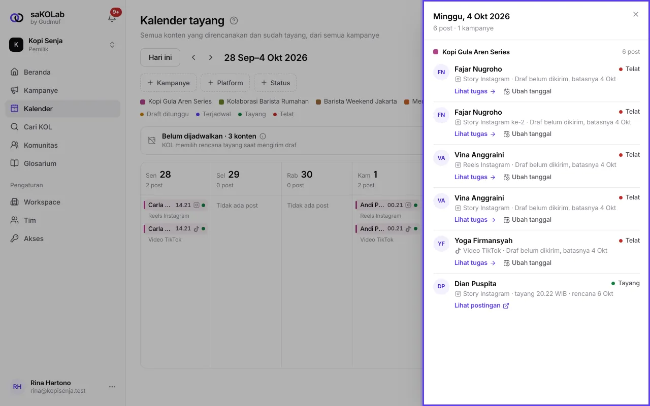 Tampilan Minggu dan panel hari
