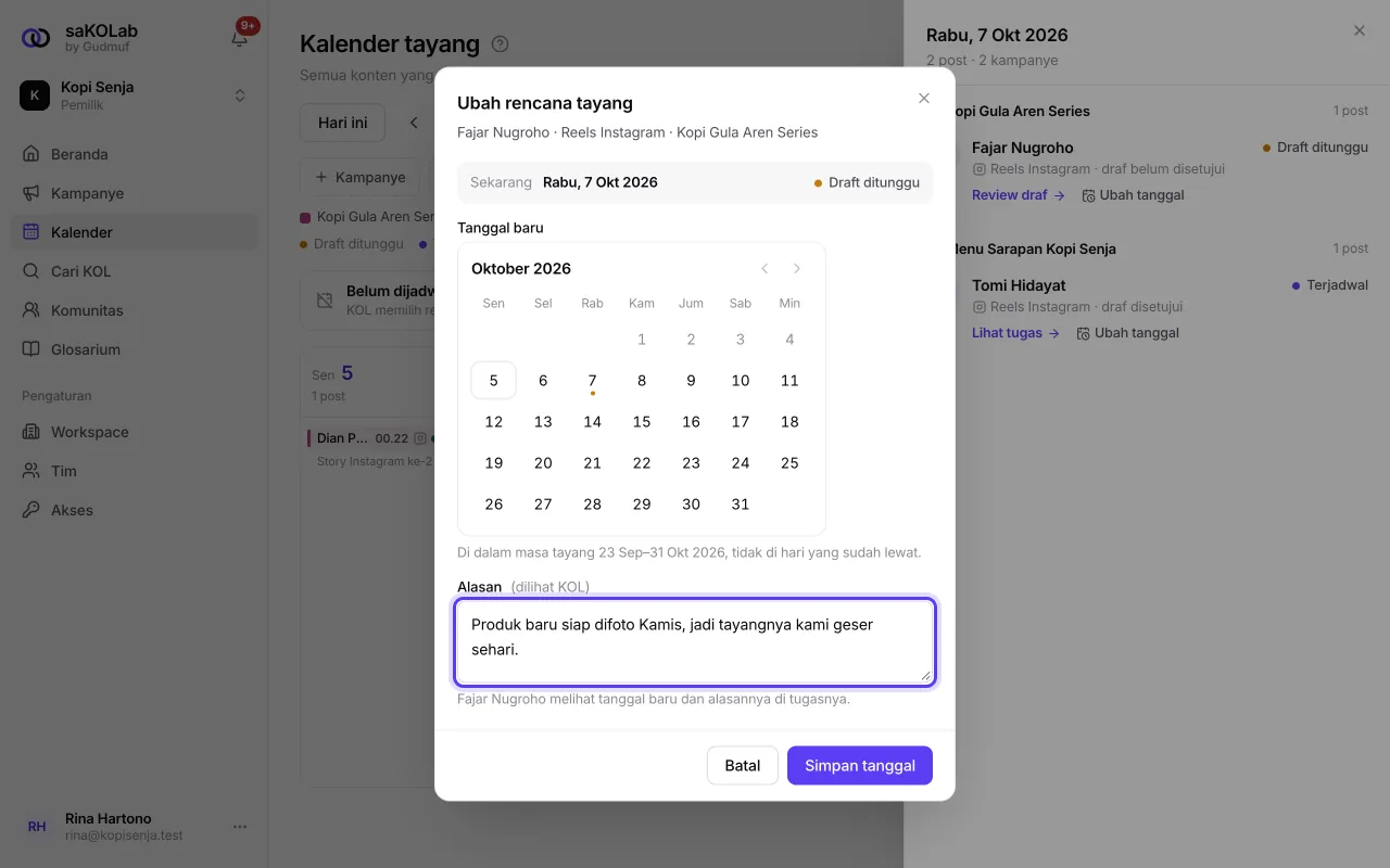 Dialog Ubah rencana tayang dengan tanggal baru dan alasan