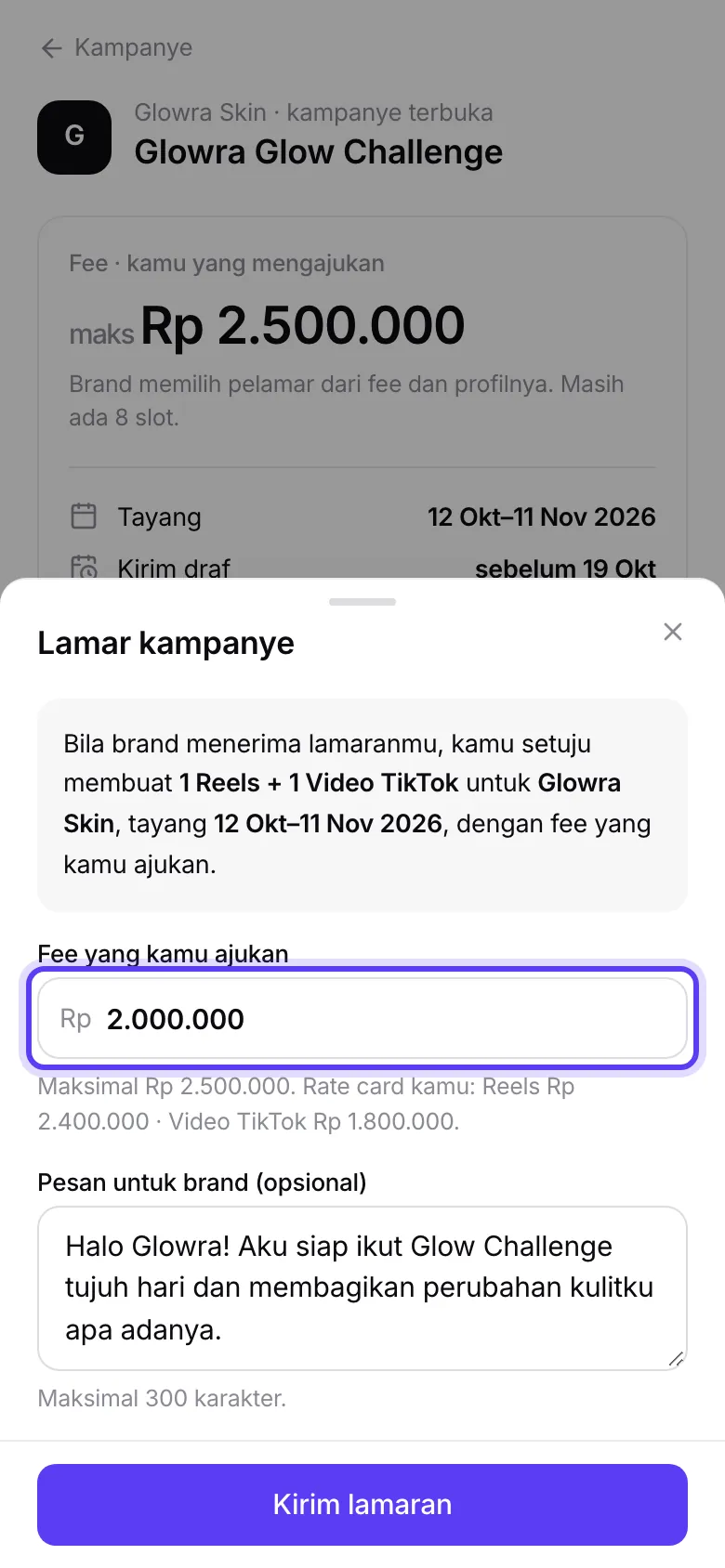 Lembar Lamar kampanye dengan kolom fee dan pesan