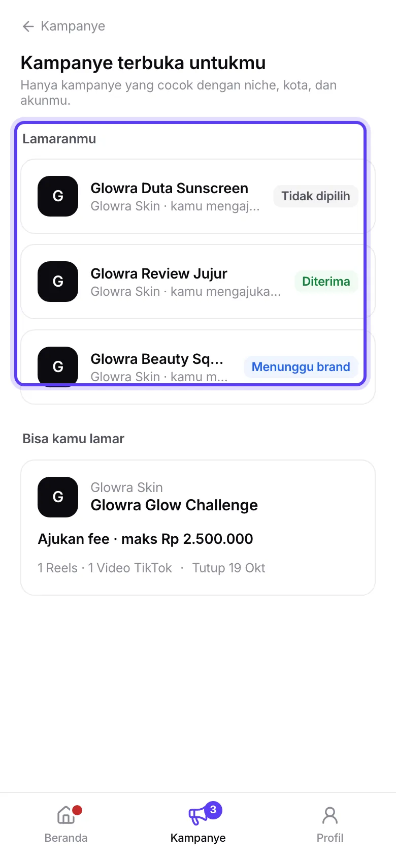 Daftar Lamaranmu dengan tiga status