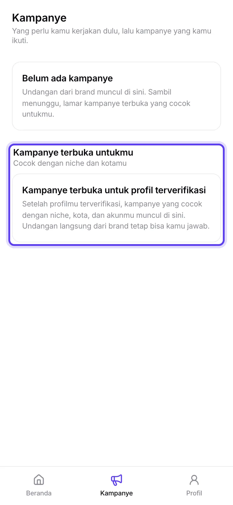 Keadaan Kampanye terbuka untuk profil terverifikasi