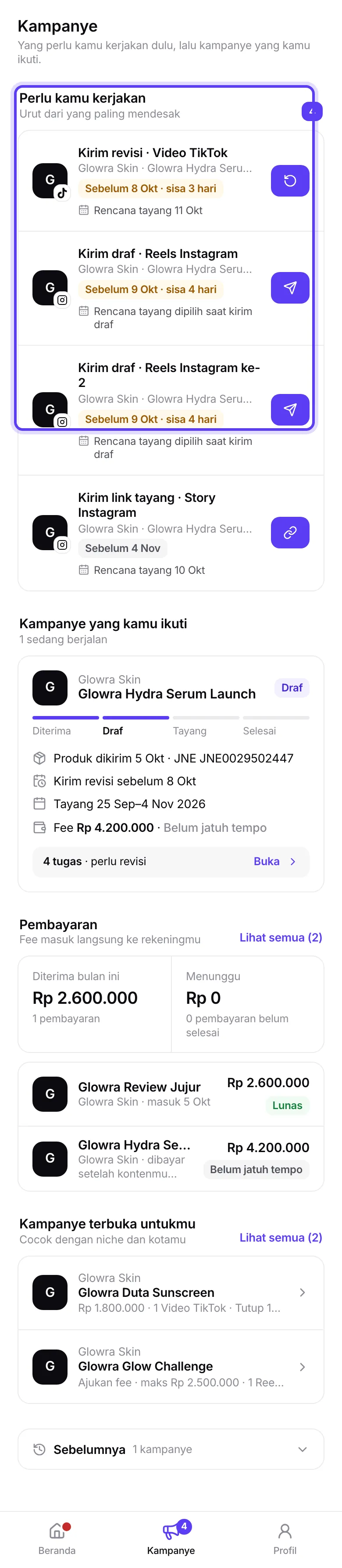 Halaman Kampanye dengan semua bagiannya