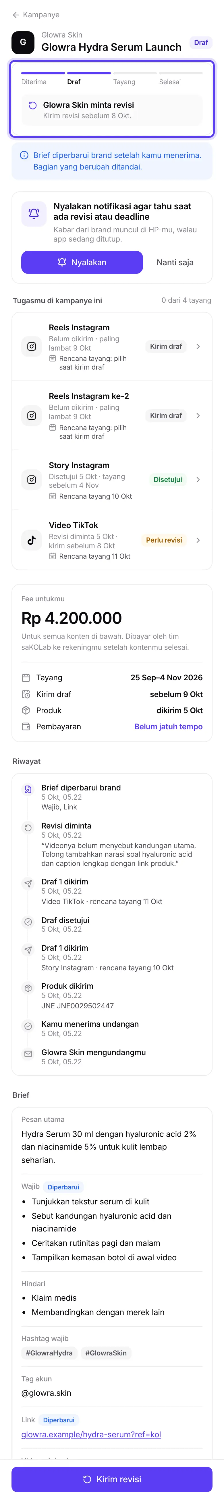 Halaman satu kampanye dengan tahap kerja sama dan riwayat