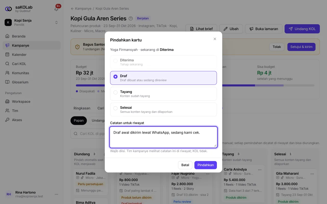 Dialog Pindahkan kartu dengan pilihan tahap dan catatan