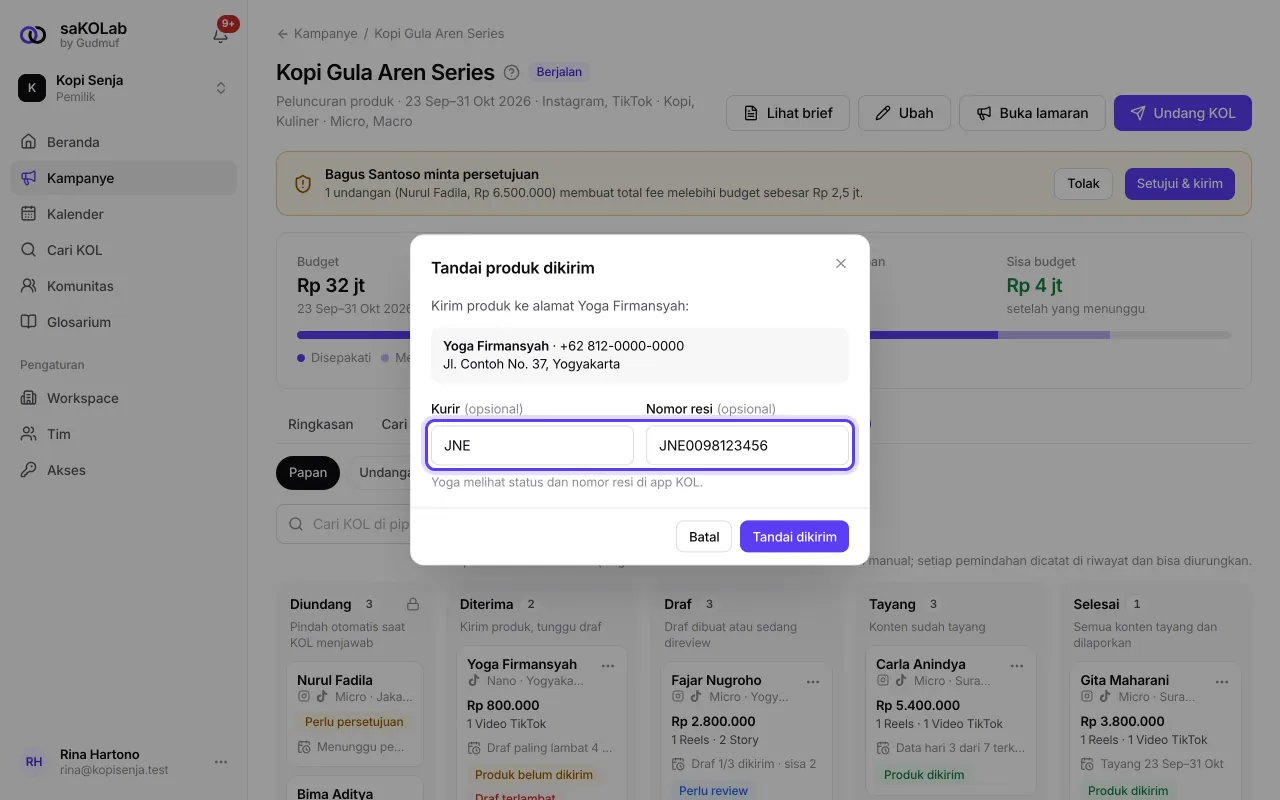 Dialog Tandai produk dikirim dengan alamat, kurir, dan nomor resi