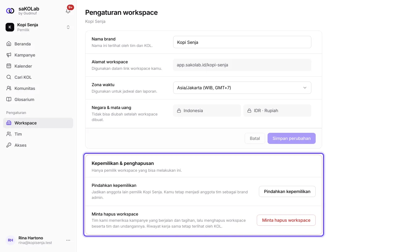 Bagian Kepemilikan & penghapusan di Pengaturan workspace