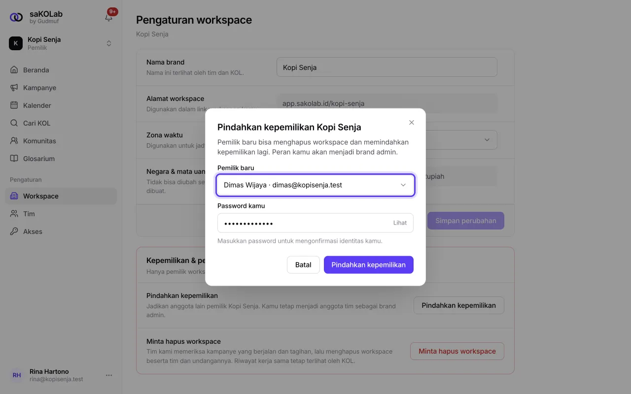 Dialog Pindahkan kepemilikan dengan pilihan anggota dan password