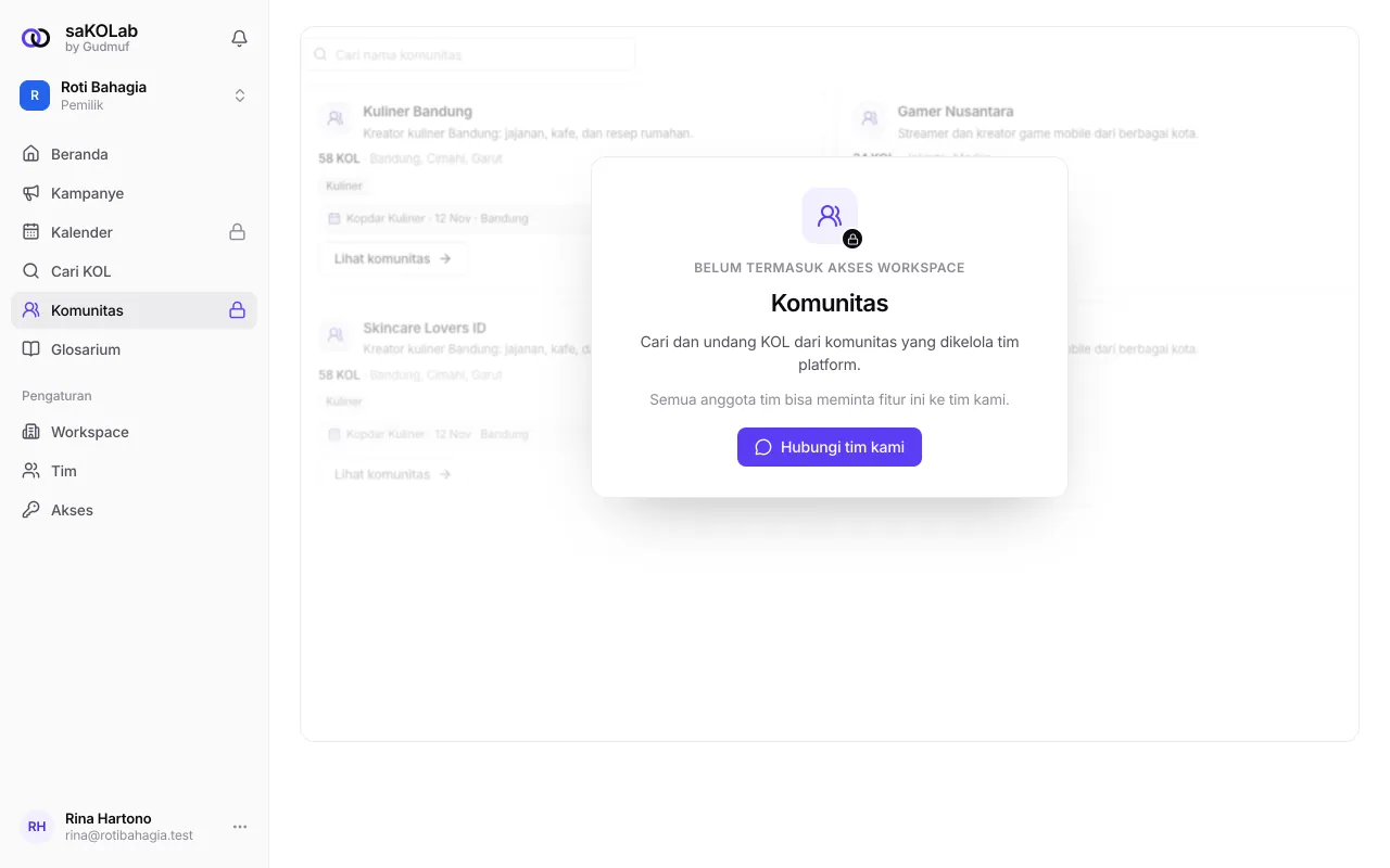 Komunitas yang terkunci, dengan pratinjau dan tombol hubungi tim