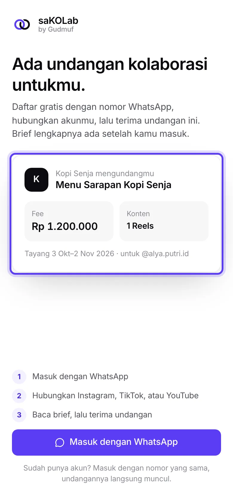 Halaman link undangan dengan ringkasan fee dan konten