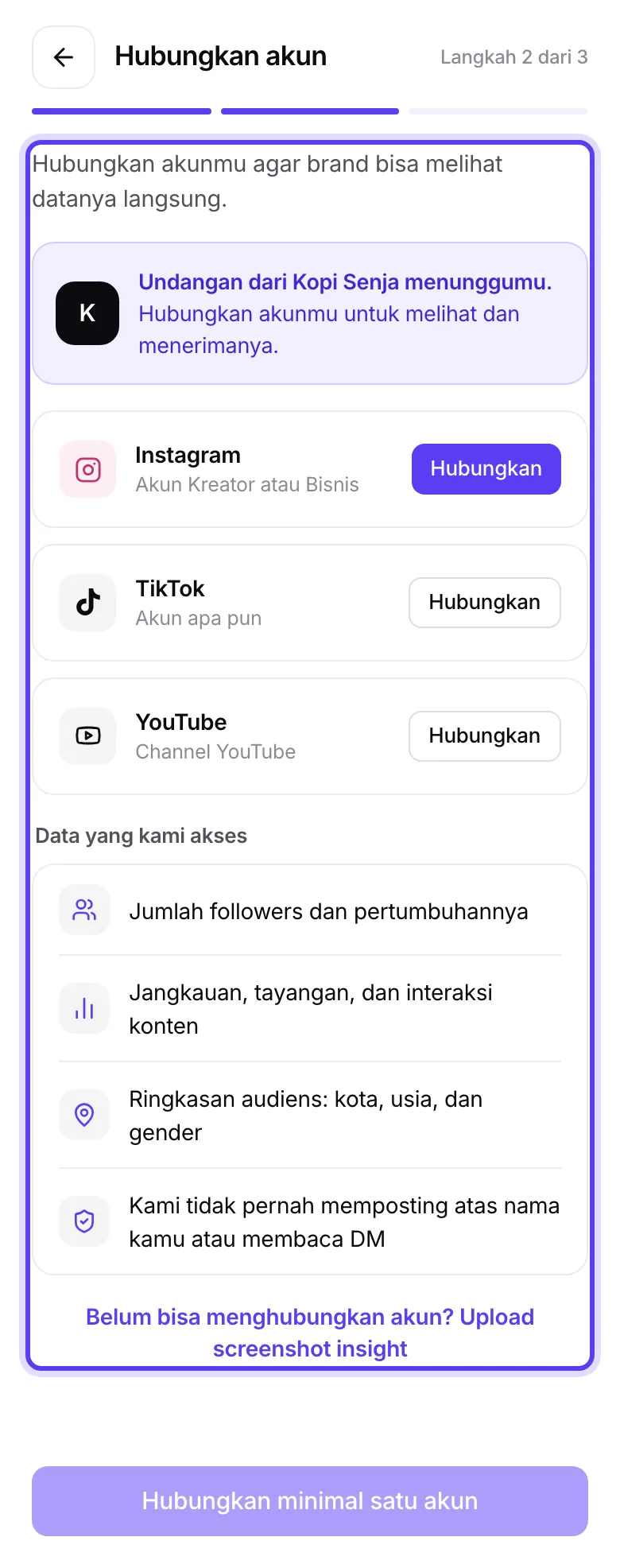 Banner Undangan dari brand menunggumu di halaman Hubungkan akun