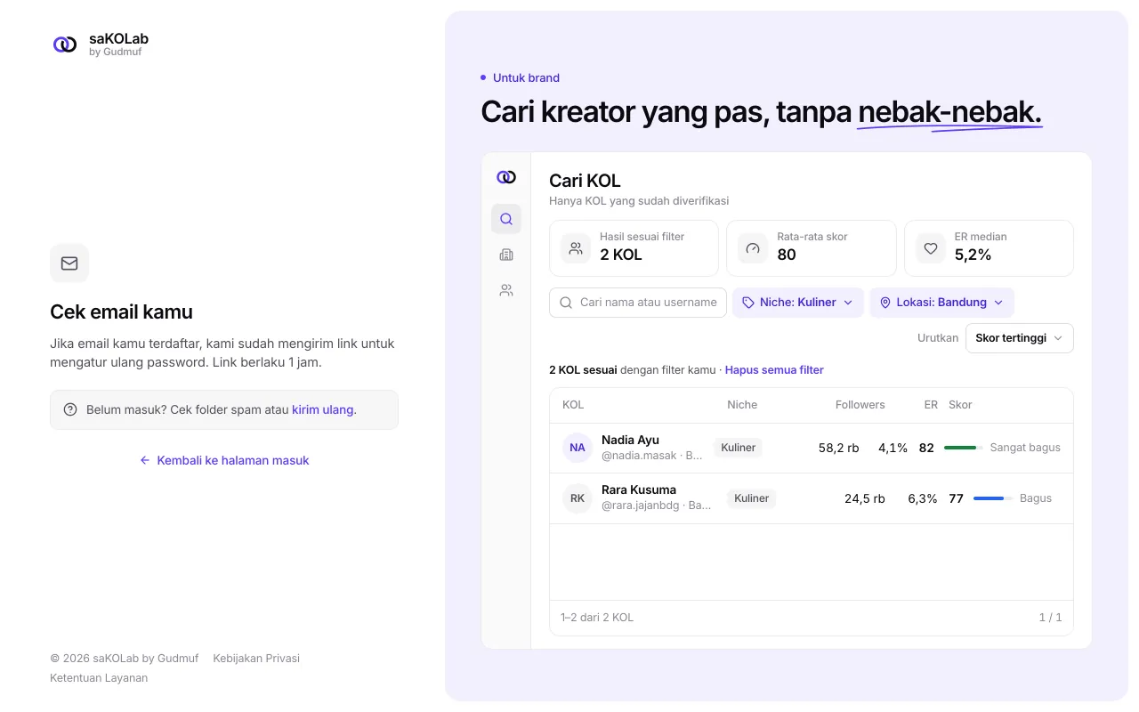 Layar Cek email kamu setelah link dikirim