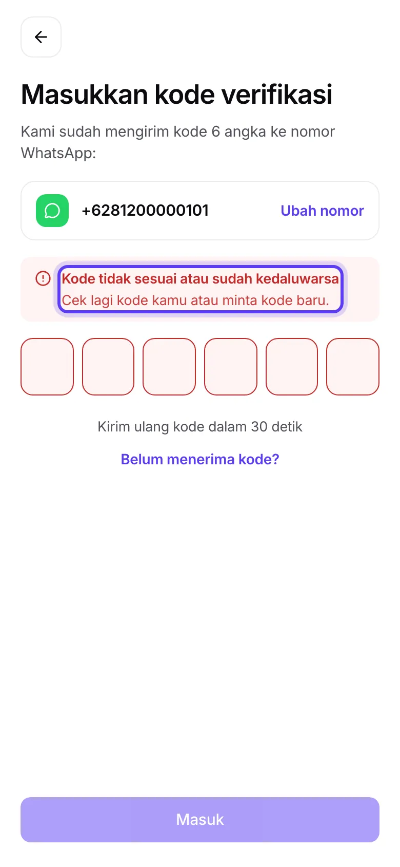 Layar kode dengan pesan Kode tidak sesuai