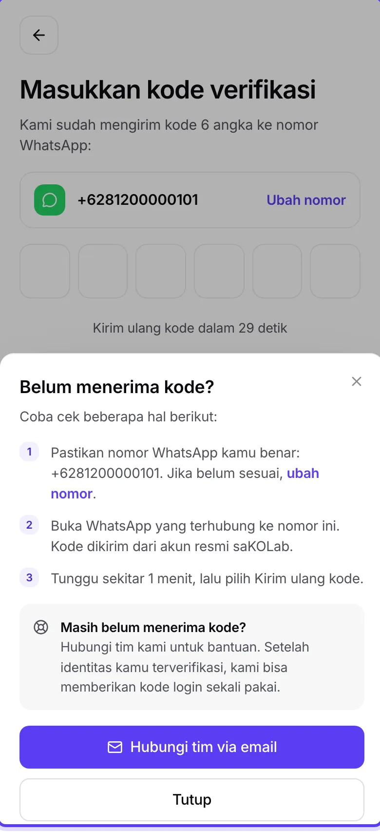 Panel bantuan Belum menerima kode