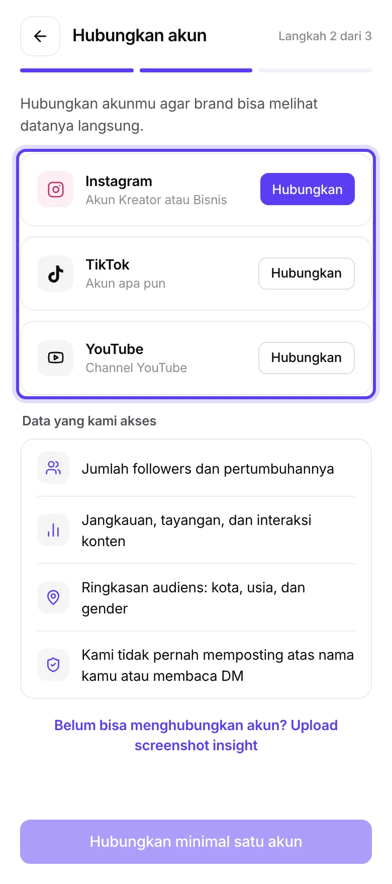 Layar Hubungkan akun dengan tiga platform