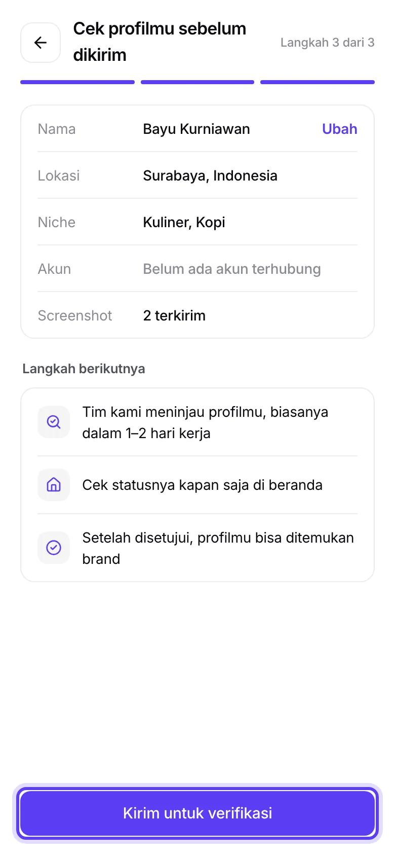 Layar Cek profilmu sebelum dikirim
