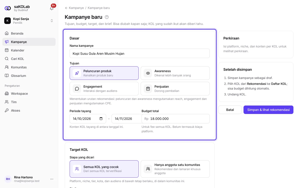 Form Kampanye baru, bagian Dasar terisi