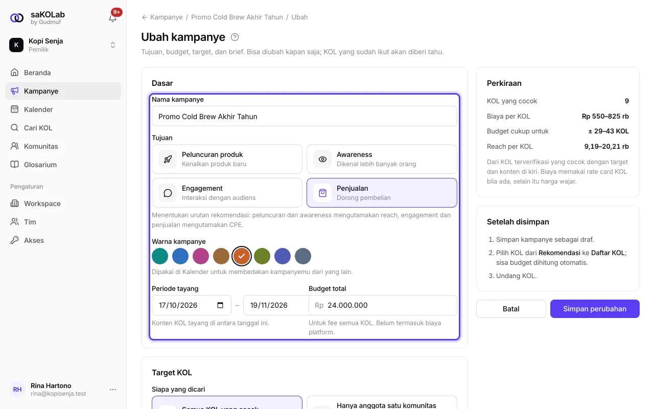 Halaman Ubah kampanye