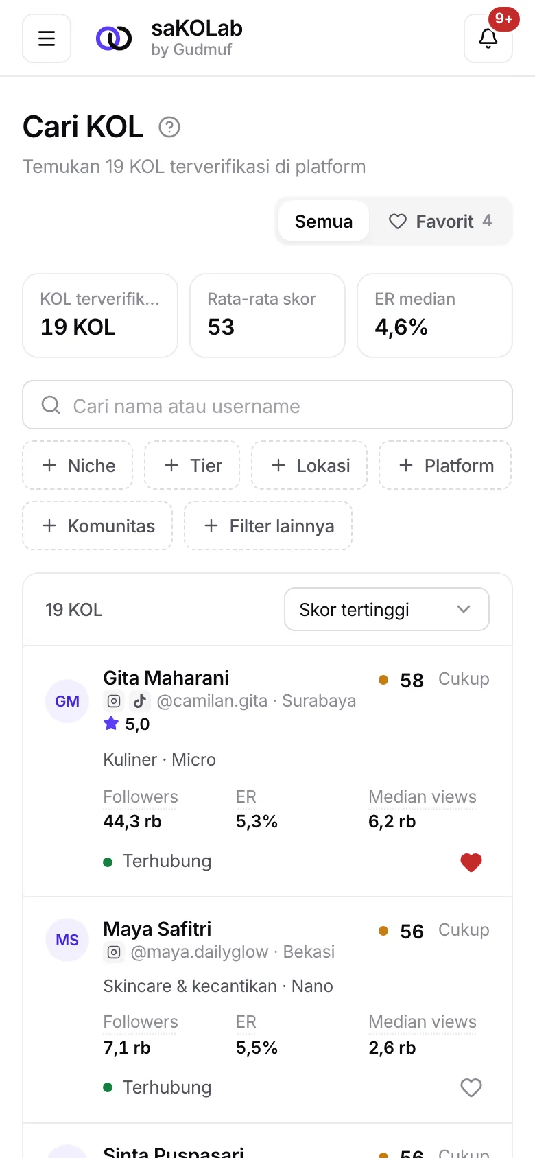 Cari KOL di layar HP, hasil tampil sebagai kartu