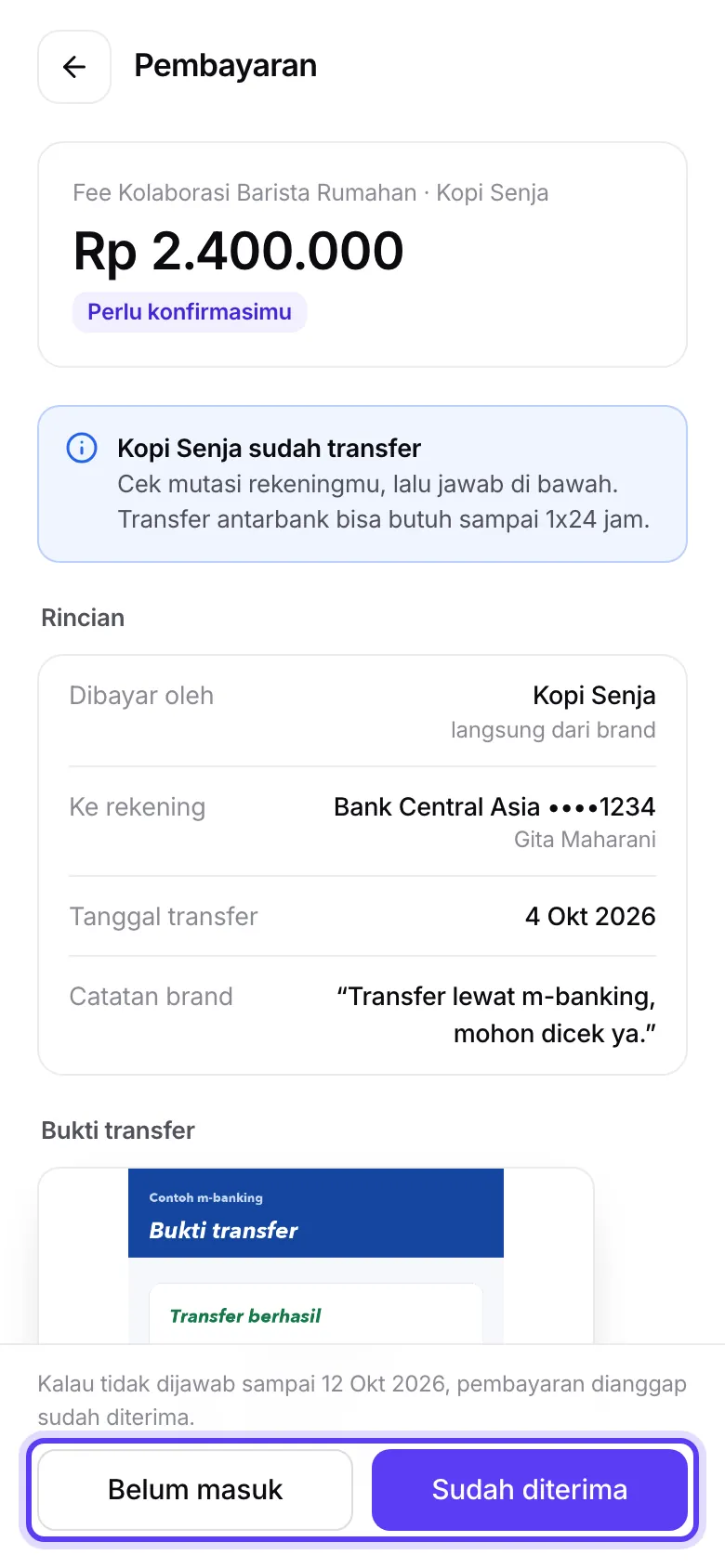 Detail pembayaran dengan banner Perlu konfirmasimu