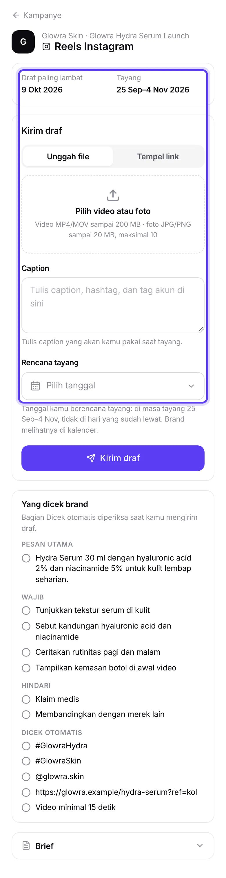 Halaman tugas di tahap Kirim draf