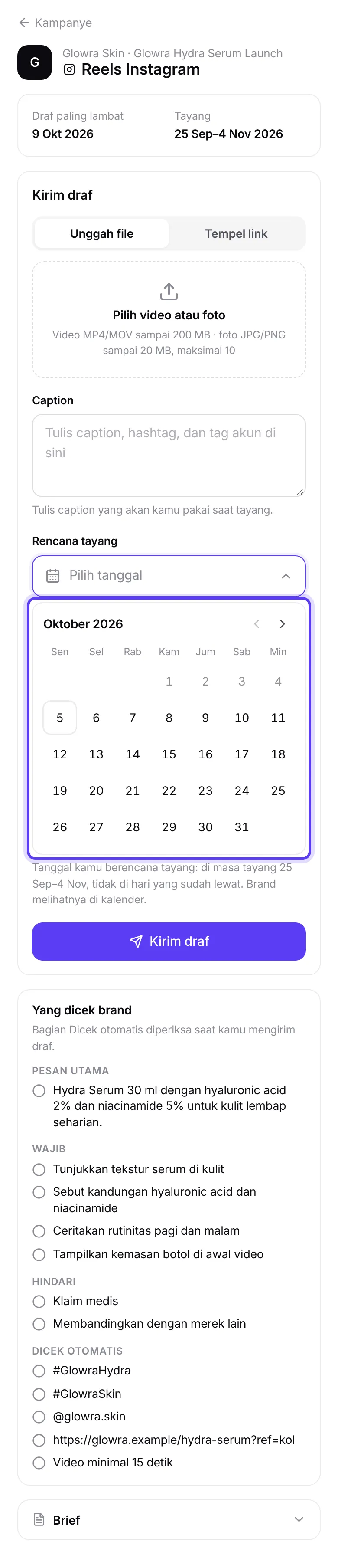 Pemilih tanggal rencana tayang